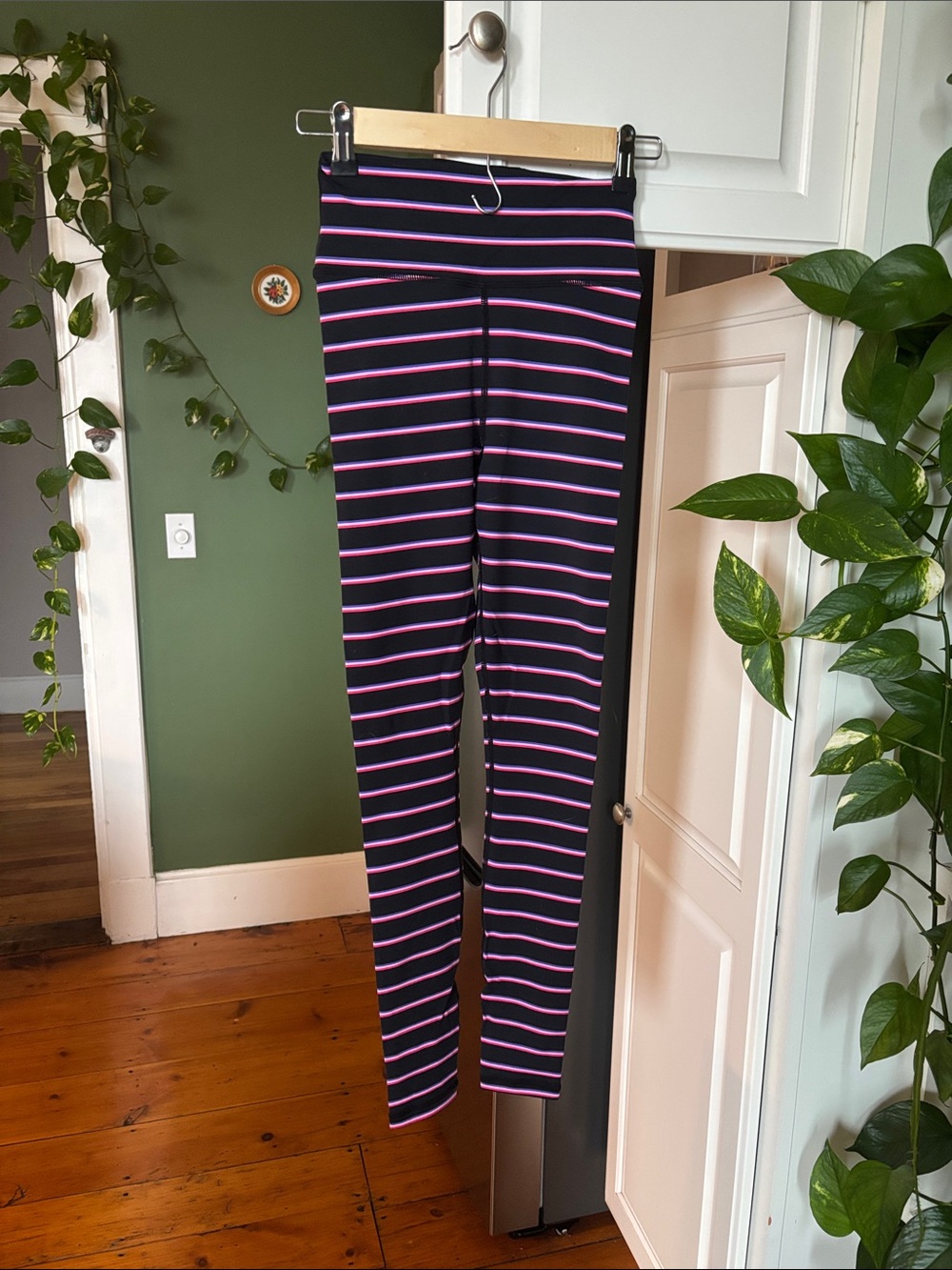 Spiritual Gangster Black Leggings with Pink and Purple Stripes